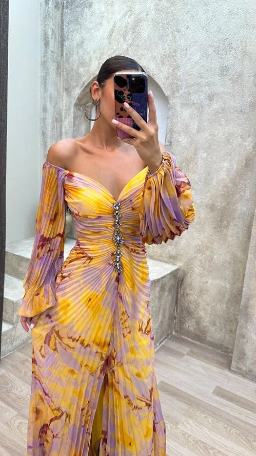 Yellow pleated V-neck dress for women called Daelyn, featuring a flowy design and made from comfortable fabric.
