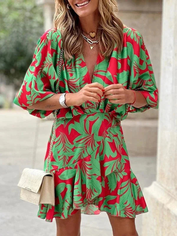 "Baker red tropical print dress with flared sleeves in light green, vibrant floral pattern, ideal for summer outings and…