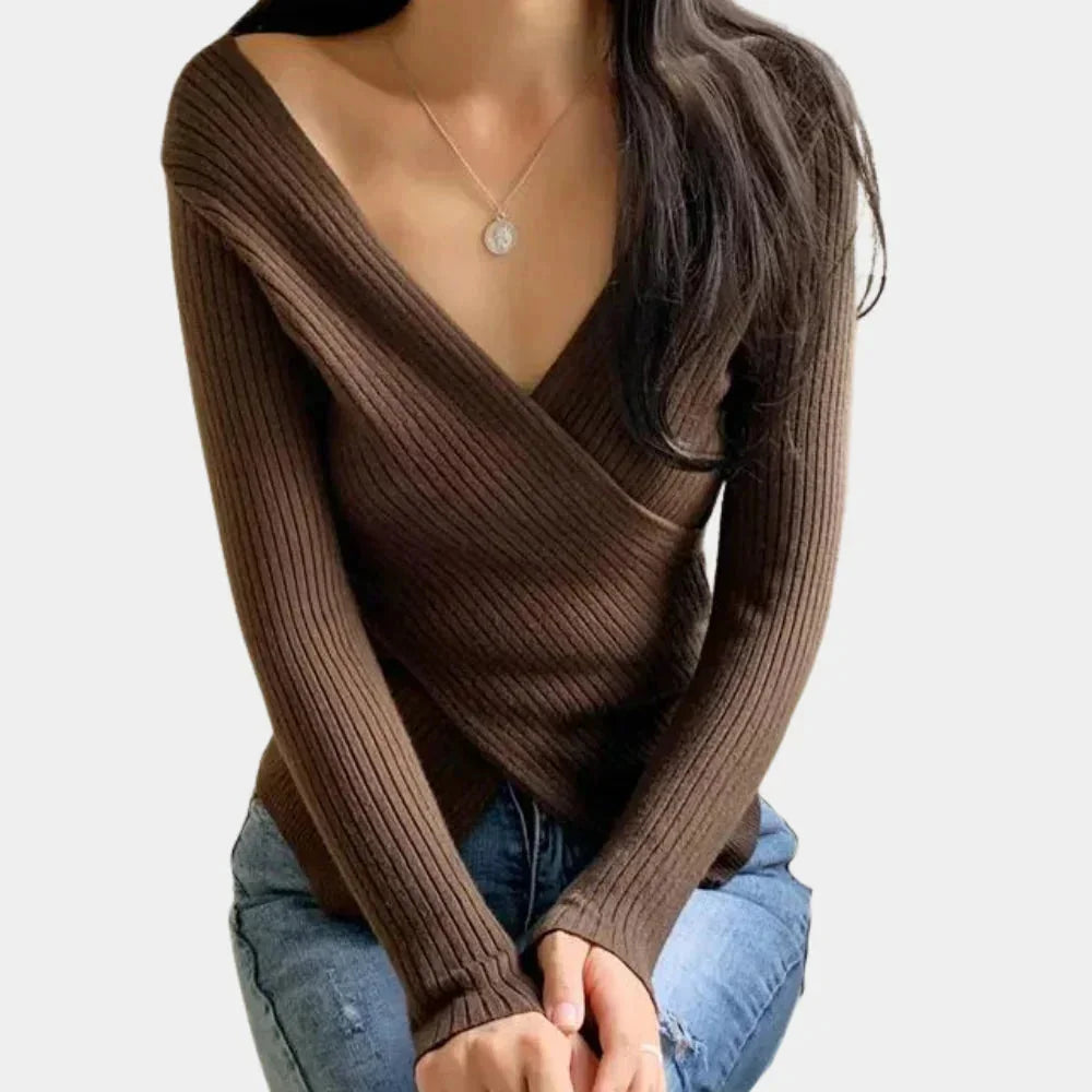 Brown ribbed V-neck wrap top by Raquel. Soft and stretchy fabric with flattering fit. Perfect for everyday wear or casual…