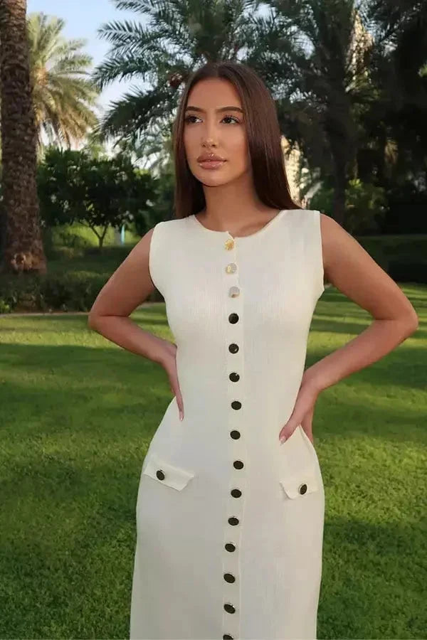 Joleigh sleeveless maxi dress with button detail and a flowing silhouette perfect for warm weather outings.