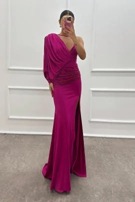 Katarina dress with one-shoulder design, side slit, made from soft polyester blend fabric, perfect for formal occasions.