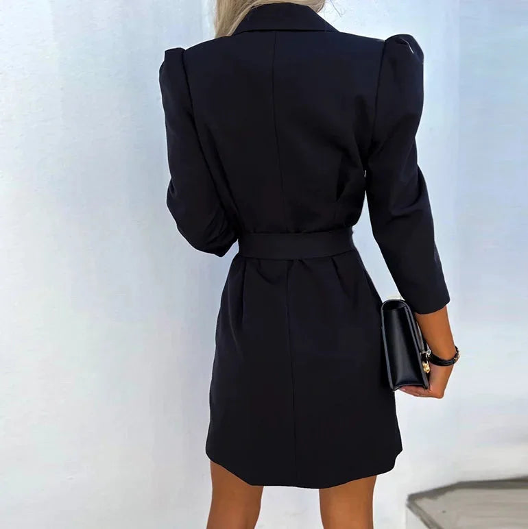 "Greyson - Chic belted double-breasted mini dress in navy blue with button details and waist tie, perfect for casual or…