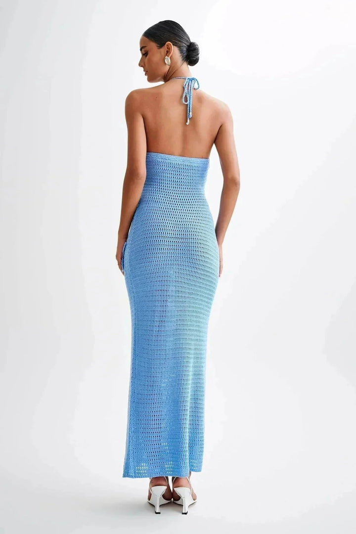 Handmade crochet maxi dress with floral design, intricate details, and airy texture by Annalia.
