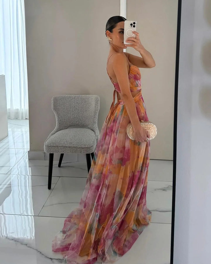 "Nirvi maxi dress showcasing textured layers in a chic, elegant design for a sophisticated look."