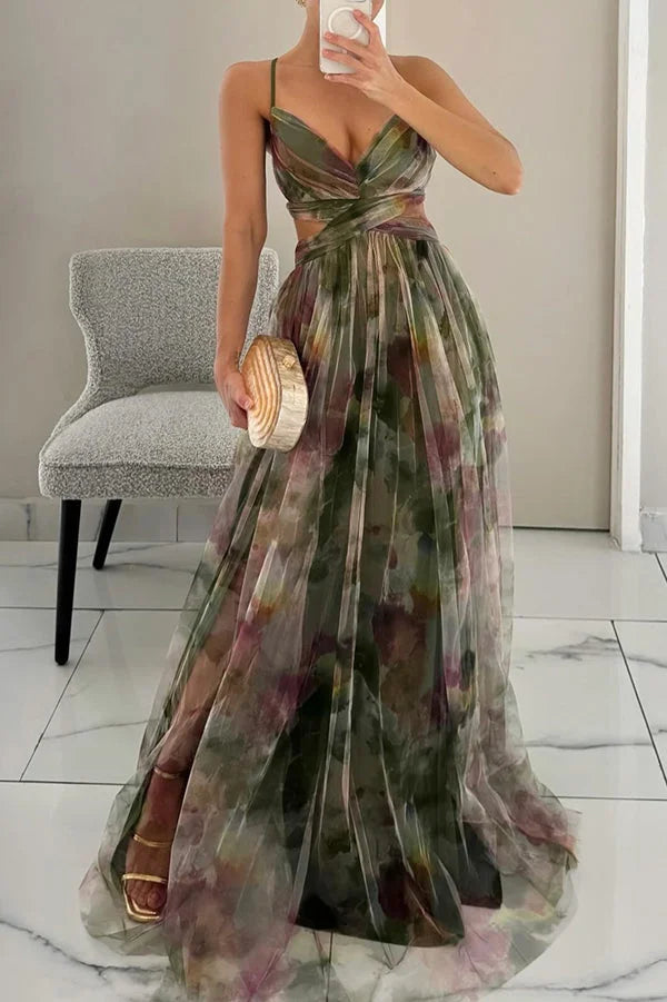 "Green textured maxi dress with layered design, perfect for special occasions."