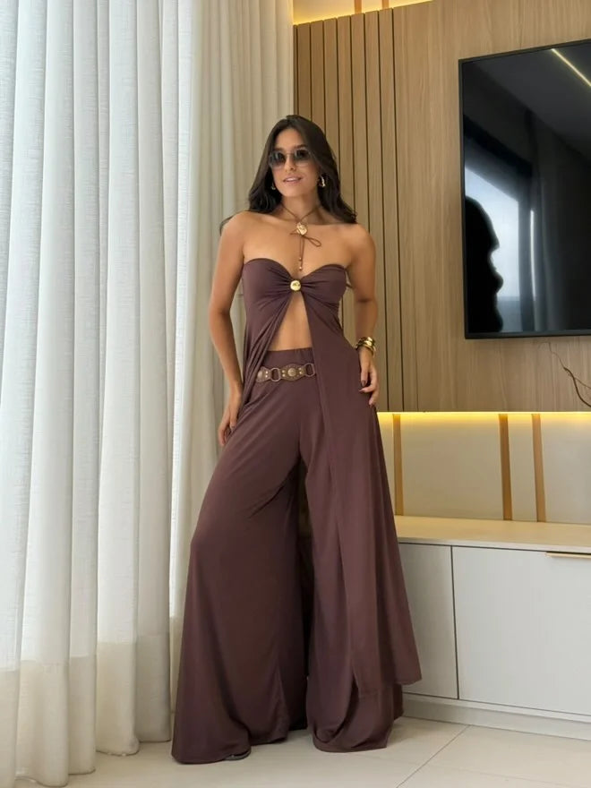 "Emery two-piece set with palazzo pants and crop top in a soft, flowy fabric and a trendy design."