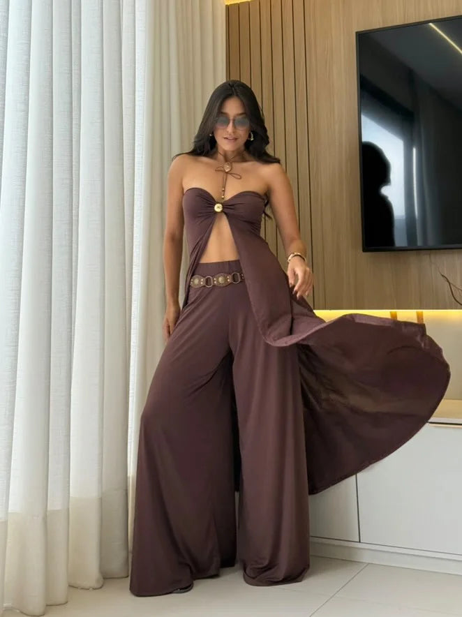 Brown two-piece palazzo and crop top set by Emery, crafted in breathable cotton blend. Features a unique geometric pattern.