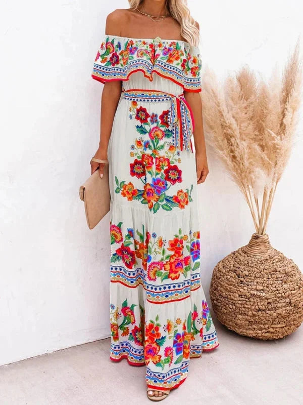 "Amyla - Floral tiered maxi dress with belt in breezy cotton blend fabric, featuring vibrant floral print and flattering…