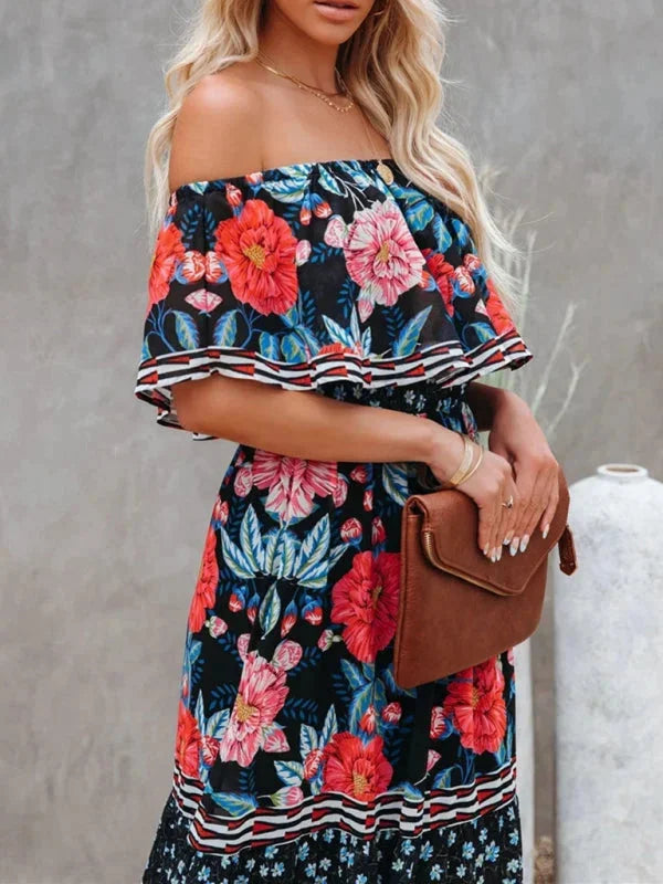 "Amyla - Maxi dress with tiered floral design, belt accent, and light breathable fabric perfect for summer outings."