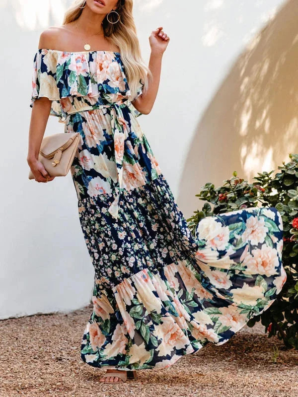 Amyla - Floral tiered maxi dress with belt in airy cotton blend fabric, perfect for casual days or dressed-up occasions.