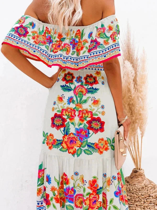 "Amyla - Floral tiered maxi dress with belt in lightweight fabric and elegant tiered design, perfect for a casual-chic look."