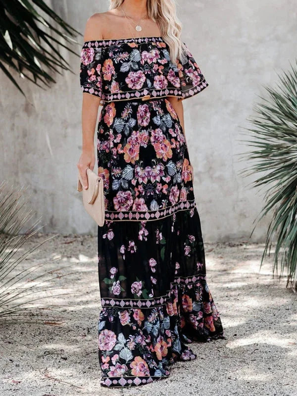 Floral tiered maxi dress in Amyla design with belt, made of lightweight flowy fabric, perfect for summer days or casual…