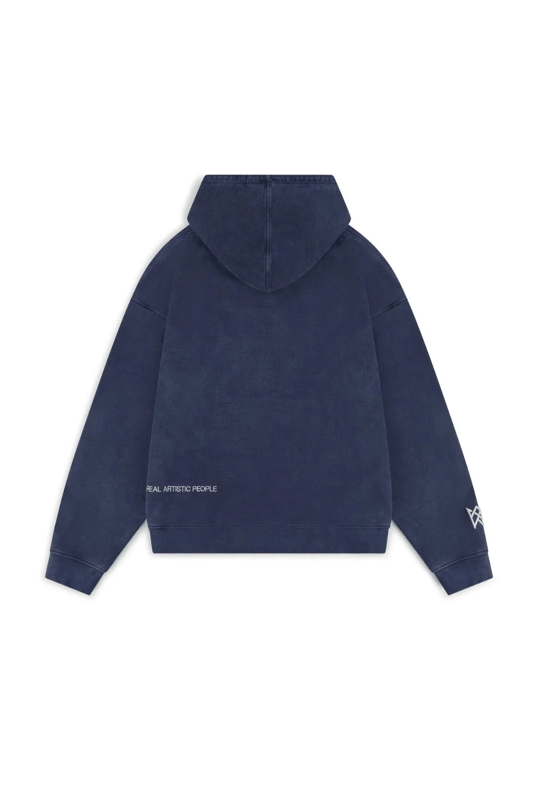 "Navy unisex hoodie with statement print, featuring comfortable cotton blend fabric and a versatile design."