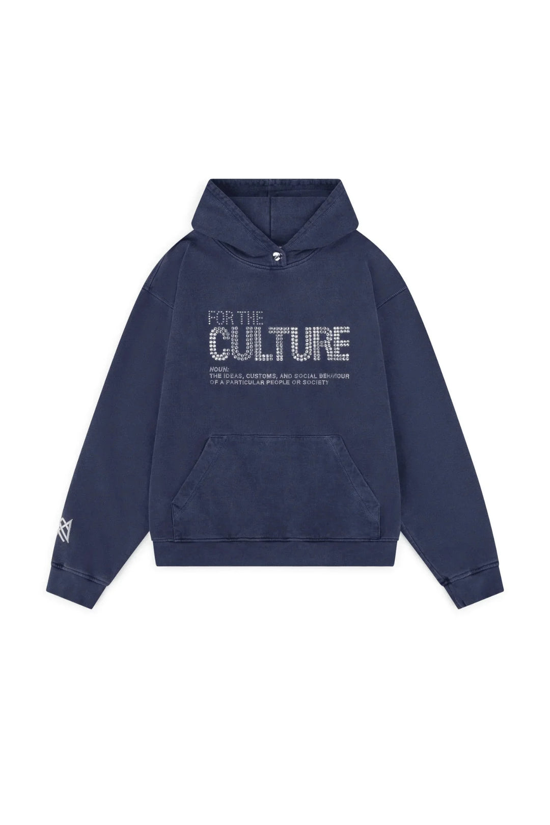 "Navy unisex hoodie with statement print featuring a cozy and versatile design."