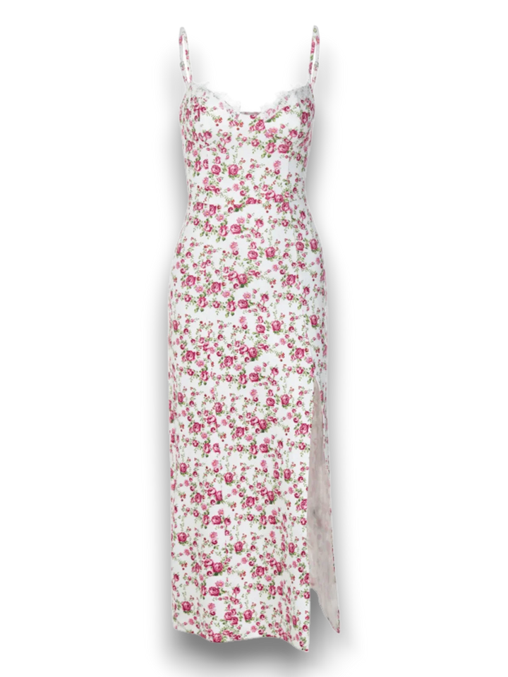"Ashlyn maxi beach dress with floral print, split-front design. Made from lightweight, breathable fabric perfect for sunny…