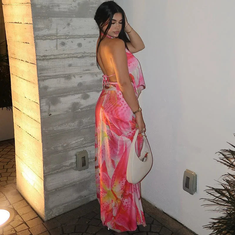 Pink tie-neck backless halter maxi dress with a flowy silhouette, made of soft chiffon material. Perfect for a breezy summer…