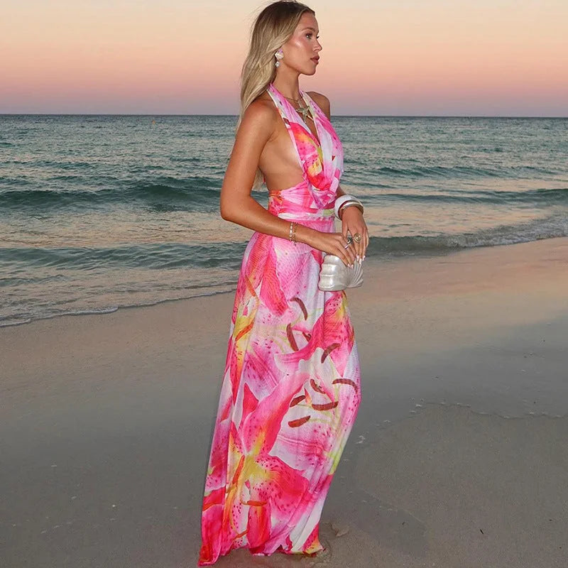Madelyn - Pink tie-neck backless halter maxi dress, featuring a flowing design in a lightweight and breathable fabric.
