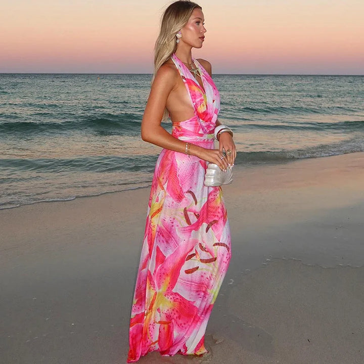 Madelyn - Pink tie-neck backless halter maxi dress, featuring a flowing design in a lightweight and breathable fabric.
