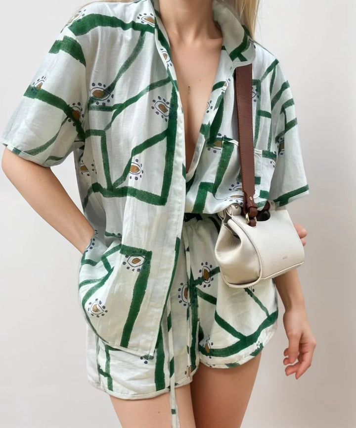 Green and white printed comfy short sleeve summer set made of soft, breathable fabric ideal for casual wear.