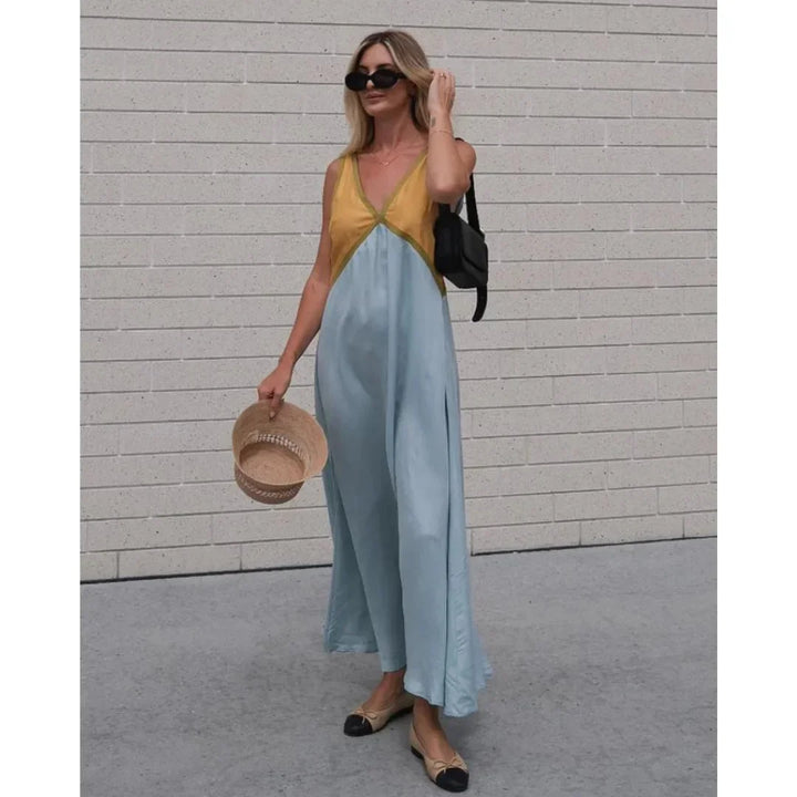 Satin V-neck maxi dress in Paetyn - elegantly draped in sleek satin with a flattering V-neck design.
