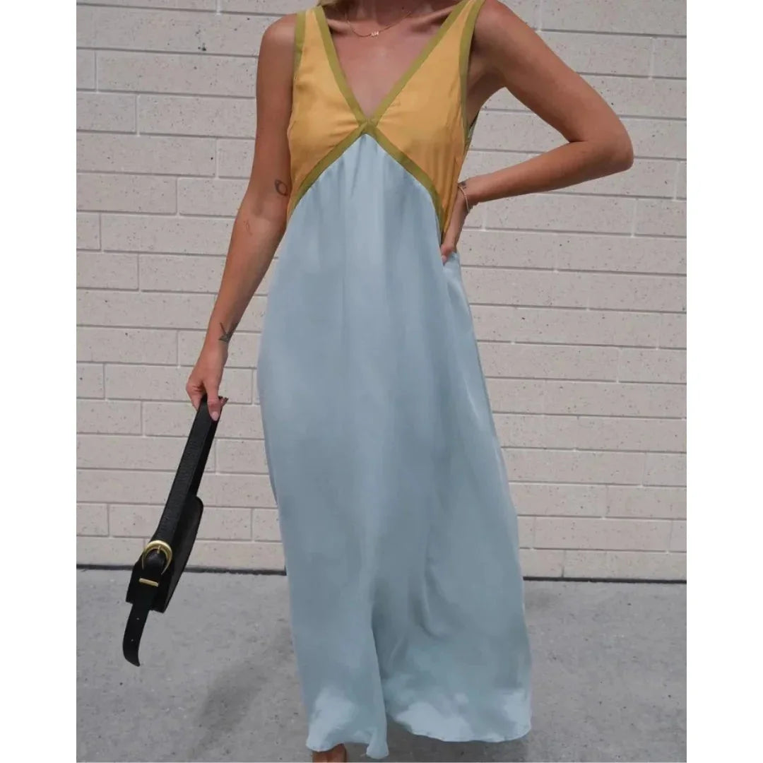 Yellow satin V-neck maxi dress 'Paetyn' designed for sleek elegance with a remarkable silhouette, perfect for any occasion.