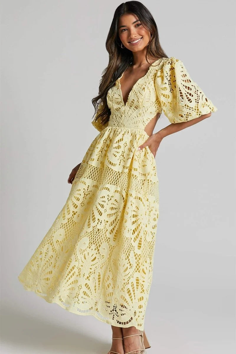 "Roslyn Mid-length lace dress with V-neckline in soft white lace with intricate detailing and flattering silhouette"