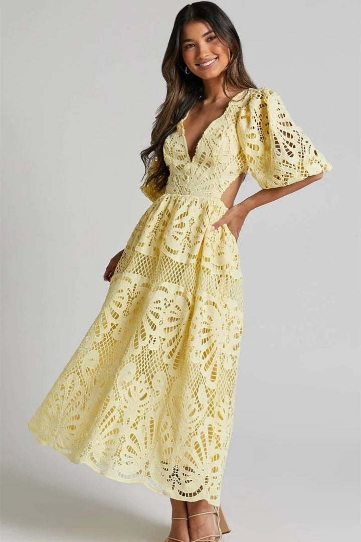 "Roslyn Mid-length lace dress with V-neckline in soft white lace with intricate detailing and flattering silhouette"