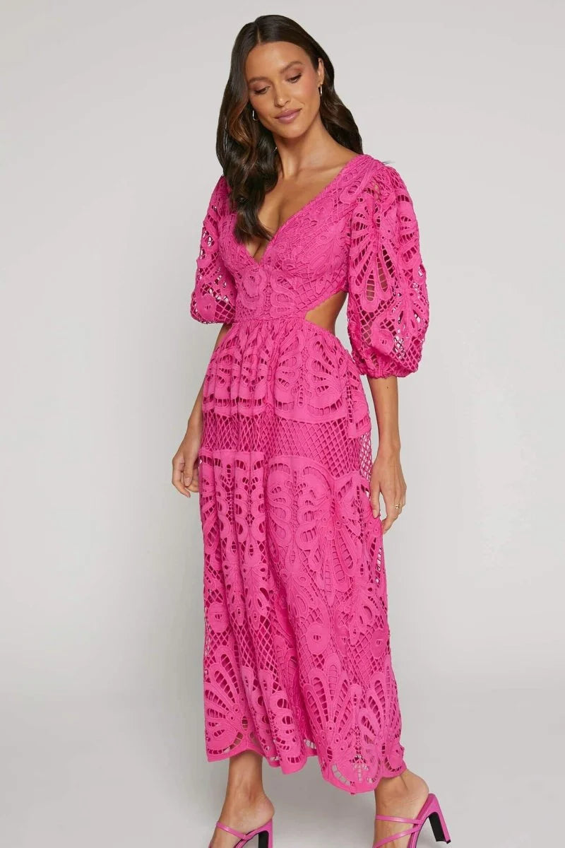 "Roslyn lace dress in mid-length, showcasing a chic V-neckline design. Ideal for a sophisticated and elegant look."