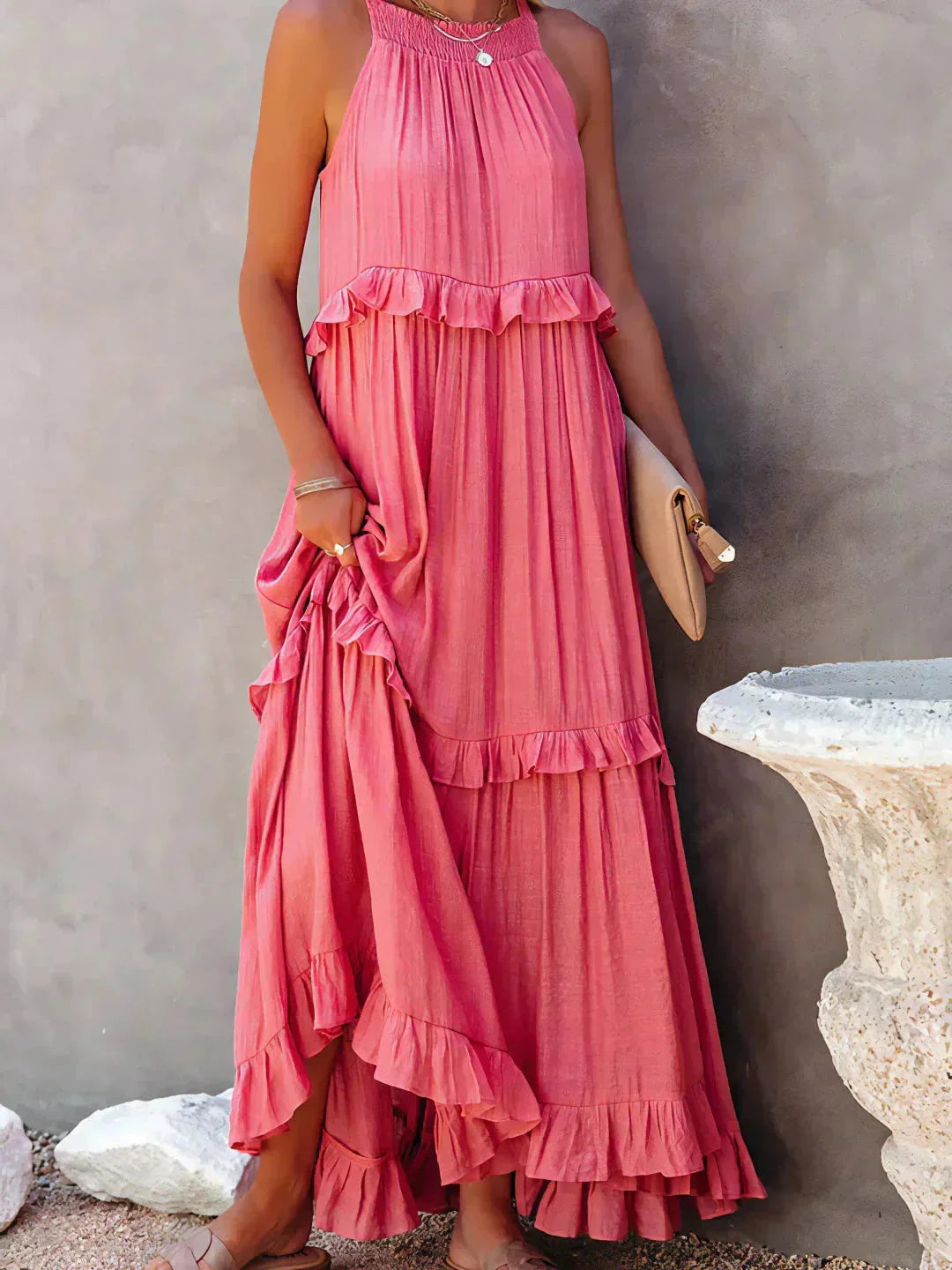 "Wylie sleeveless tiered maxi dress in soft cotton blend with high neckline and flowing silhouette, ideal for casual…