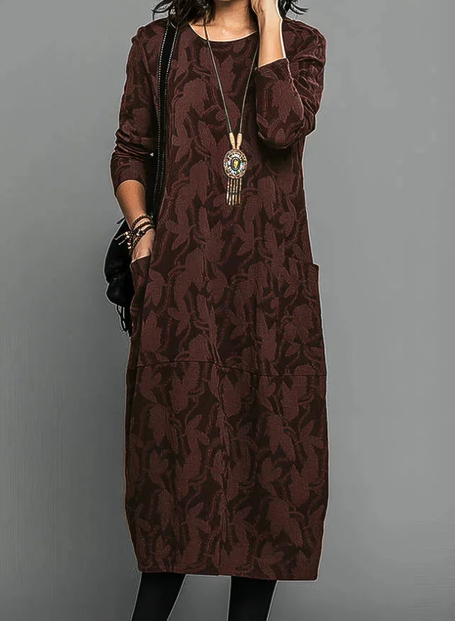 Burgundy textured jacquard midi dress with pockets, perfect for a chic and effortless look.