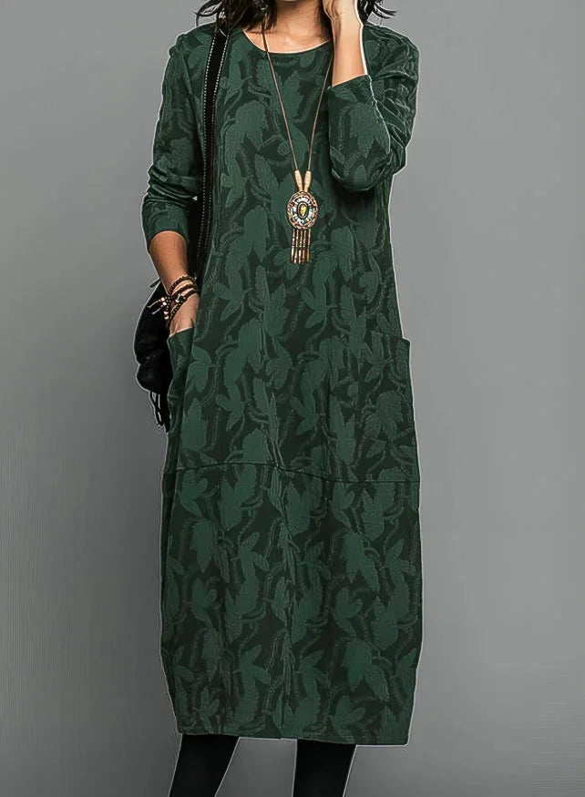 Green textured jacquard midi dress with pockets, featuring a unique woven design.
