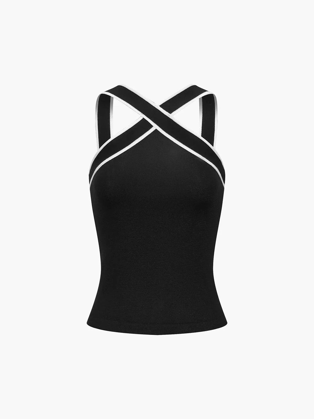 Black Slim tank with crisscross back straps by Bridgette. Sleek design with cooling fabric for a comfortable fit; perfect for…