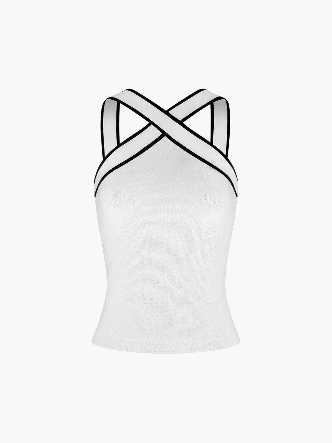 White slim tank with crisscross back straps made of soft and breathable fabric for a stylish and comfortable look.