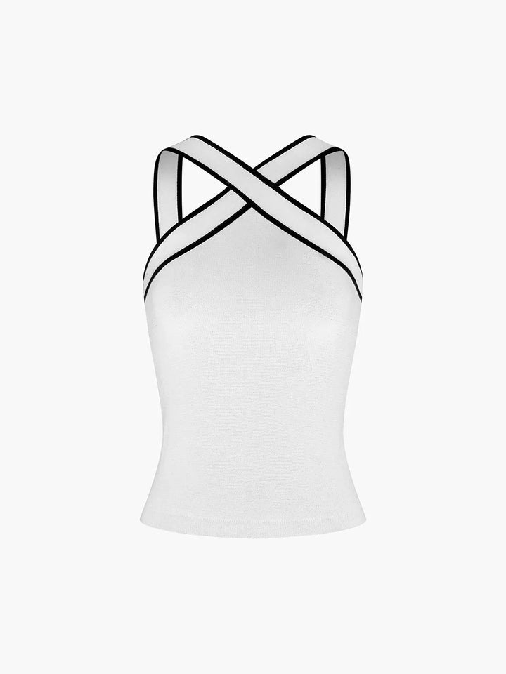 White slim tank with crisscross back straps made of soft and breathable fabric for a stylish and comfortable look.