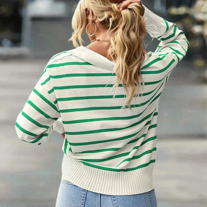 Striped zip-up collared pullover in Nell design, made with soft cotton blend fabric, perfect for a casual yet stylish look.