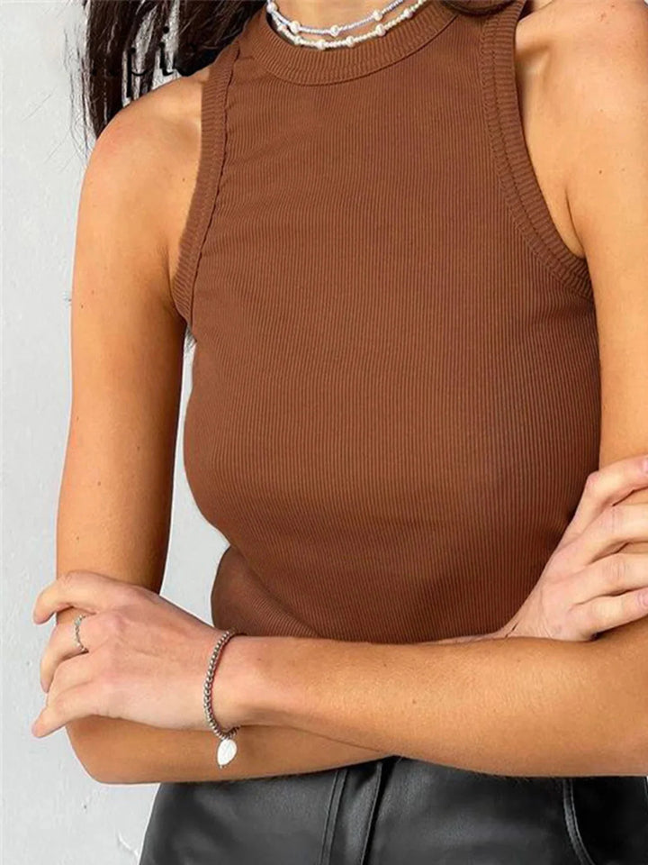 Light brown ribbed tank top made for everyday wear, with a sleek design and a comfortable fit.