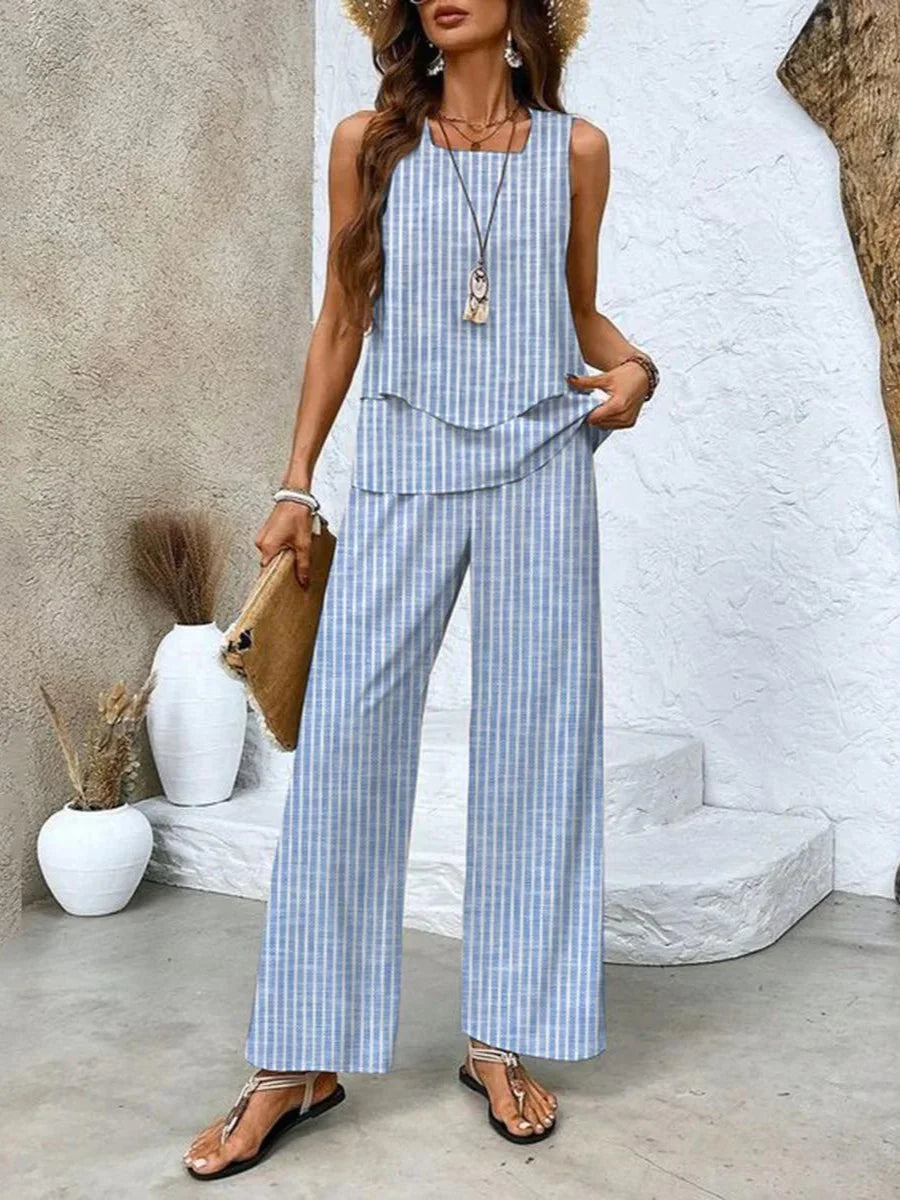 "Sleeveless striped top paired with matching printed pants in Renna set, ideal for casual wear or lounging at home."