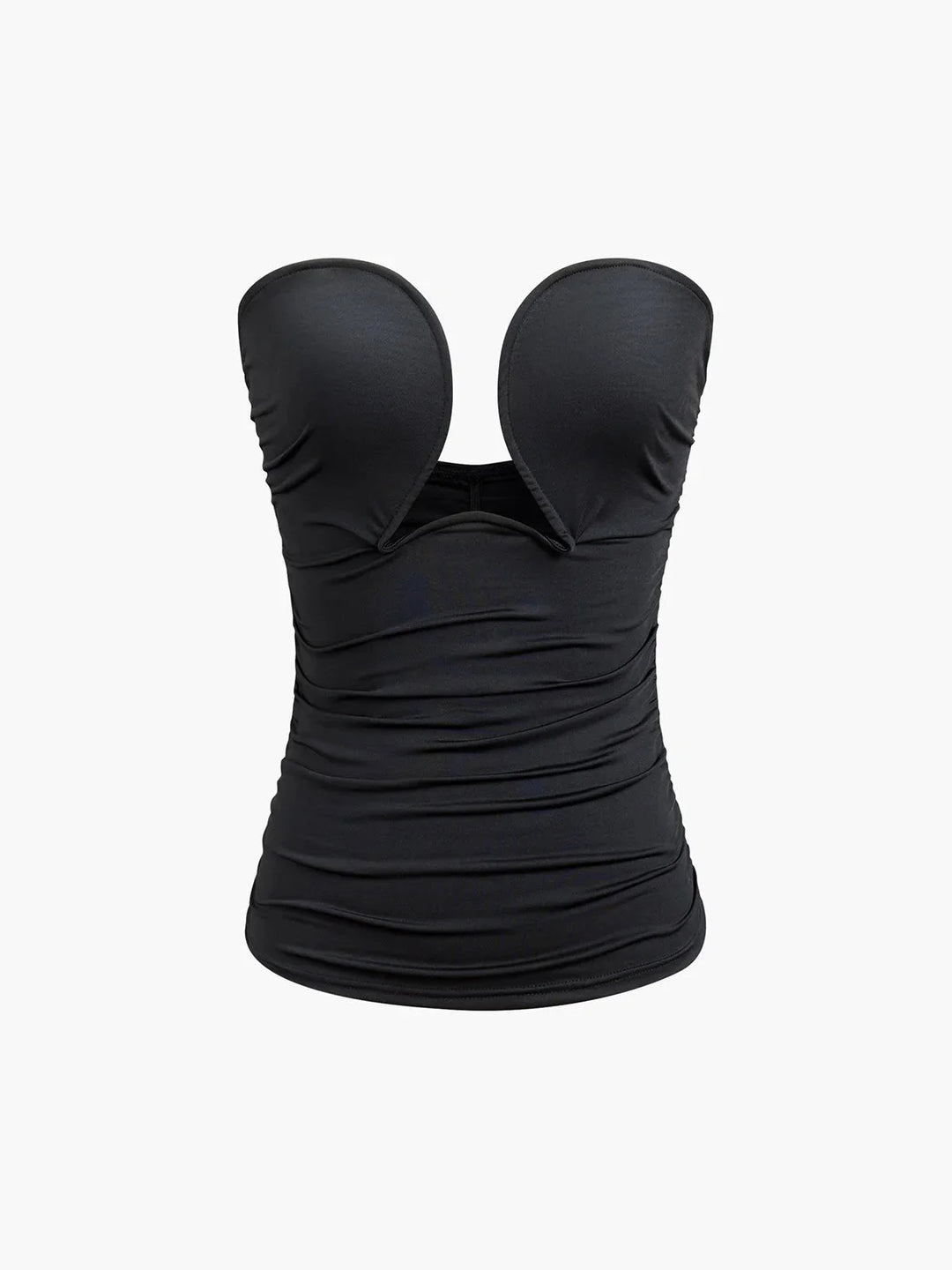 Black strapless top with sweetheart neckline by Rosalynn. Sleek design with a flattering fit.