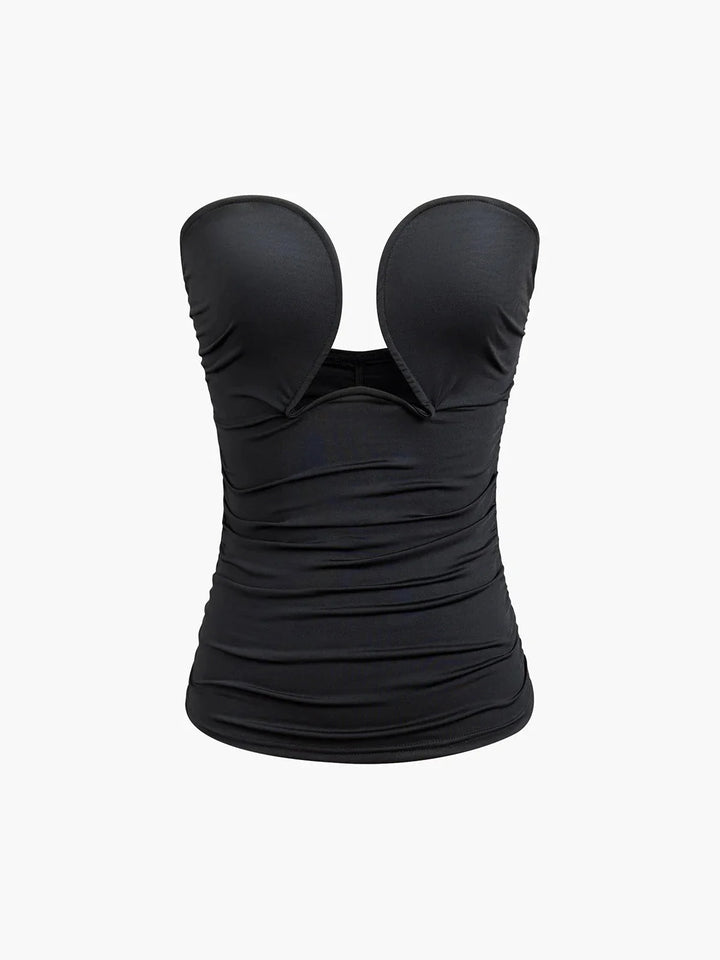 Black strapless top with sweetheart neckline by Rosalynn. Sleek design with a flattering fit.