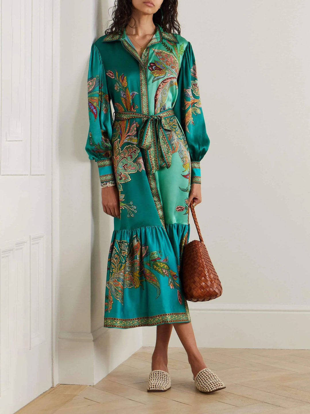 Flowy belted maxi dress with intricate details, featuring a breezy design and elegant silhouette from Kaylin.