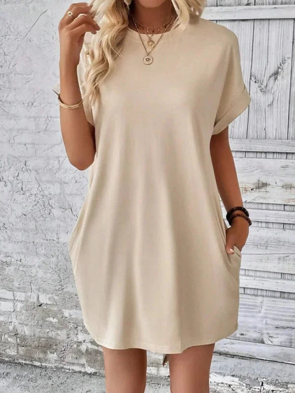 Taniyah mini dress in a soft cotton blend, a versatile everyday piece with functional pockets.
