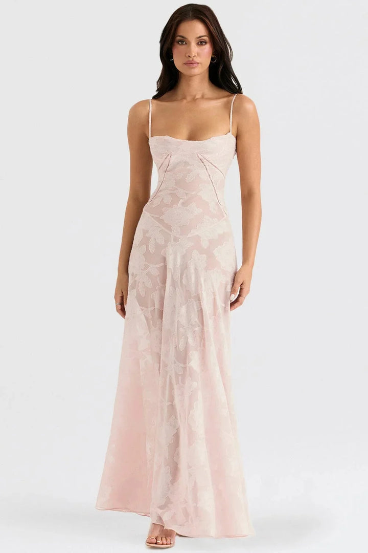 "Emiliana - Spaghetti strap maxi dress with intricate floral lace design, perfect for elegant occasions."