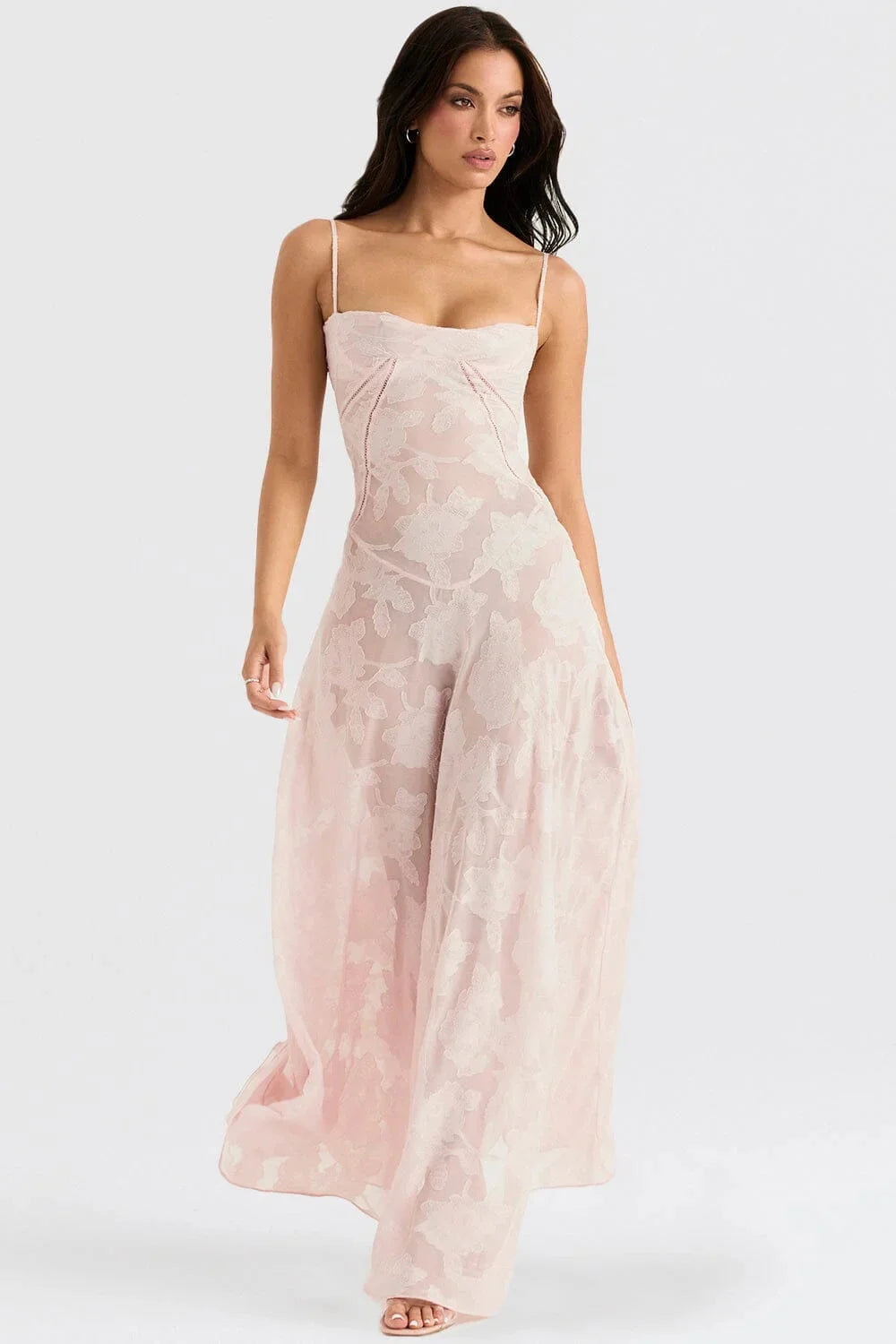 "Emiliana spaghetti strap floral lace maxi dress in a delicate lace fabric with a flowy silhouette and feminine floral pattern."