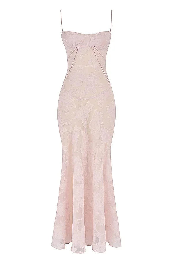"Black lace maxi dress with a spaghetti strap design, featuring intricate floral patterns. Perfect for a chic and elegant…
