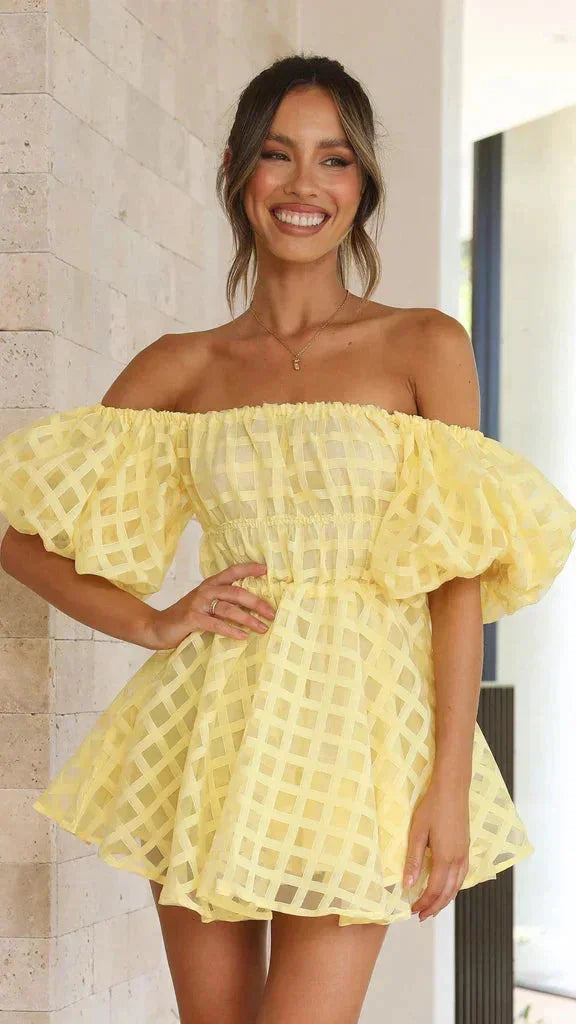 Chic off-shoulder mini dress 'Theodosia' in soft cotton blend with stylish ruffle detail on sleeves, perfect for casual & formal…