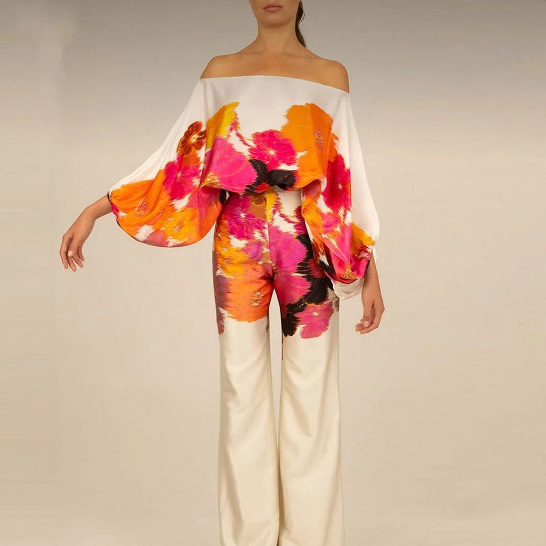 "Multicolor off-shoulder blouse and straight pants set for women, comfortable and stylish attire made from soft, breathable…