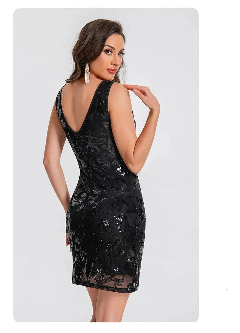 "Carmyn sleeveless sequin cocktail dress in shimmering gold, fitted silhouette with scoop neckline and chic sequin…