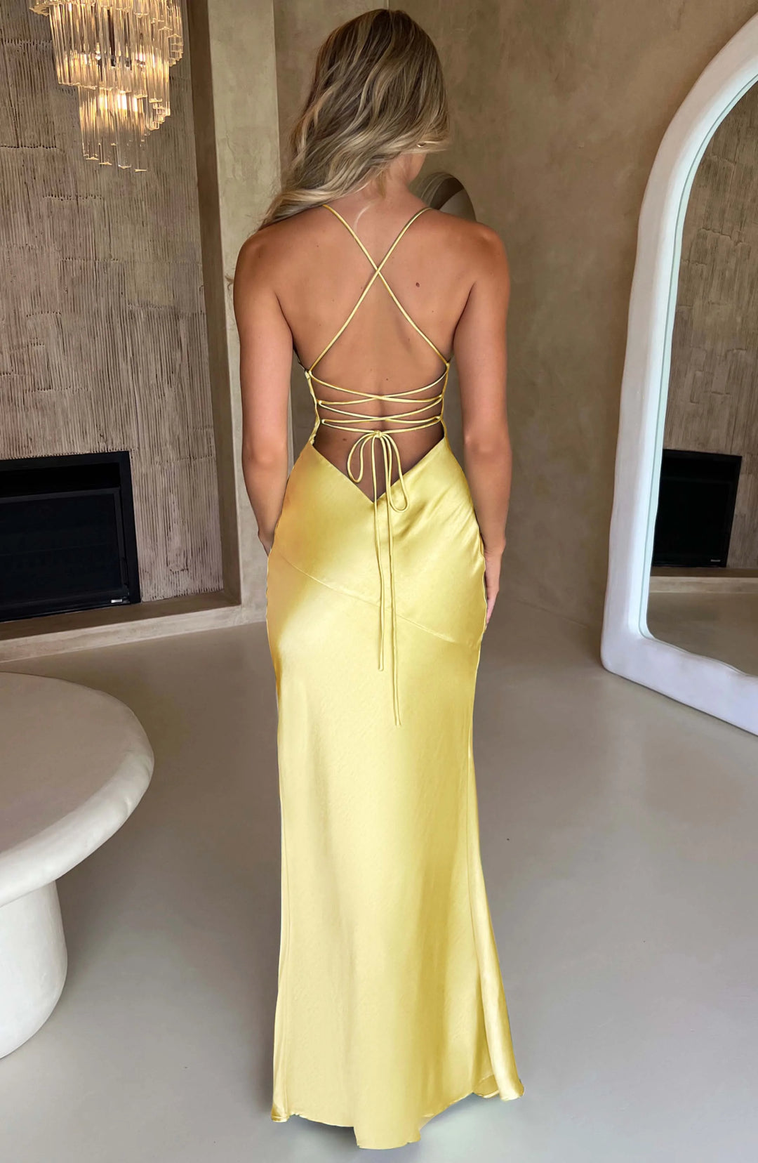 Tenzin - Women's V-neck satin maxi dress in navy blue, featuring side slit and adjustable straps for a chic and elegant look.
