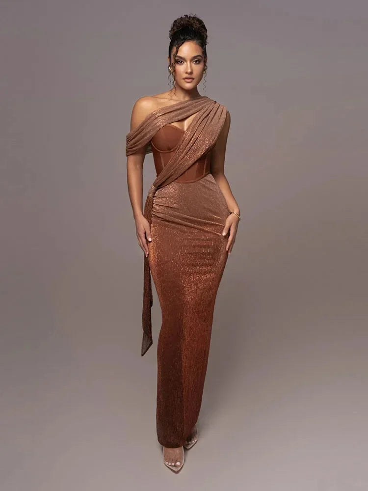 Brown asymmetric evening dress with shimmering textures. A Ariel standout with its unique design and elegant finish.