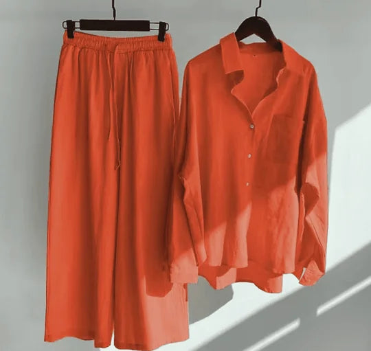 "Women's linen set in orange, Rocky collection - sleek and versatile outfit made of high-quality linen fabric for a chic…